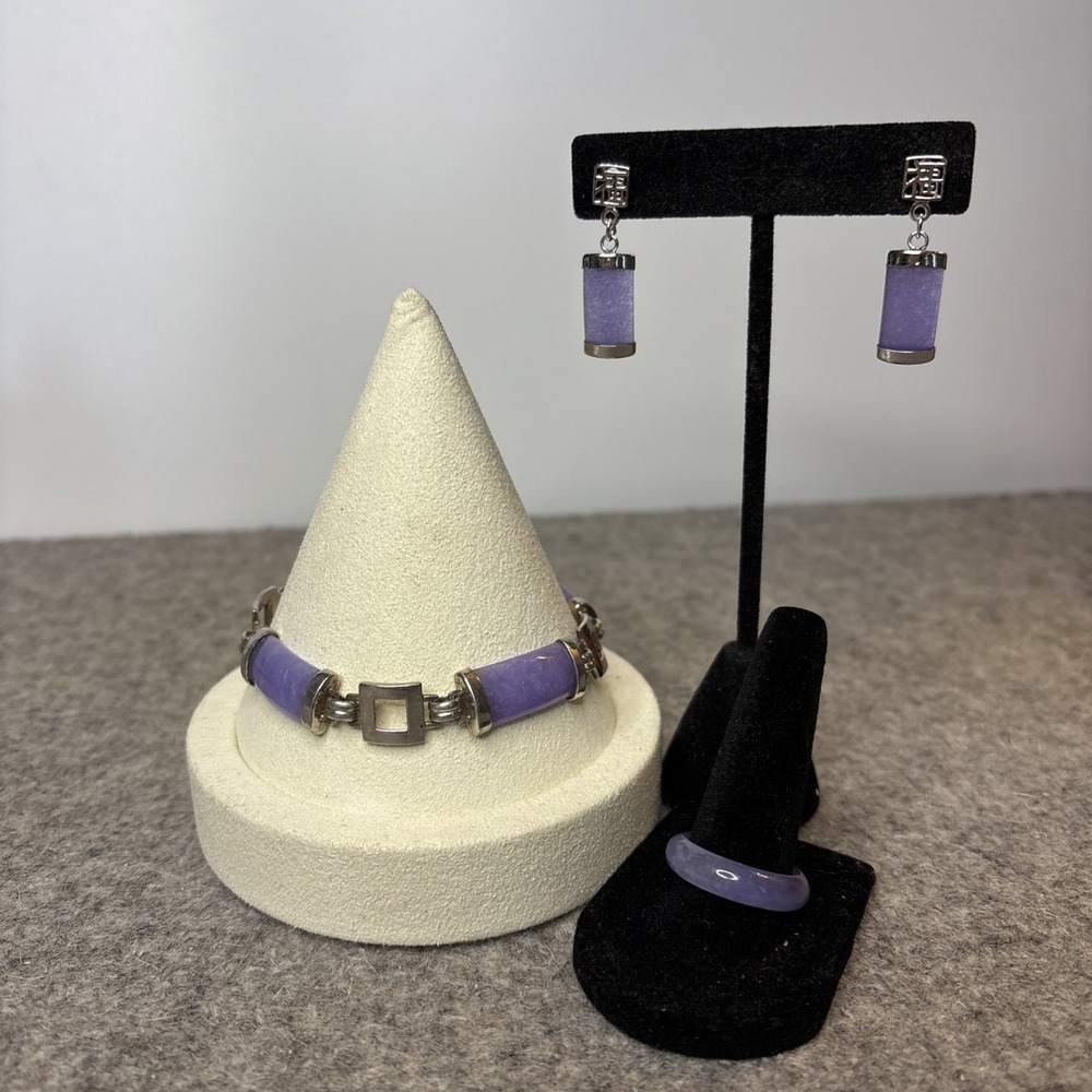 925 Sterling Silver Lavender Jadeite Jewelry Set Ring 8 Bracelet 7 Earrings HK